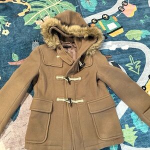 Uniqlo Tan Toggle Coat with Faux Fur Hood